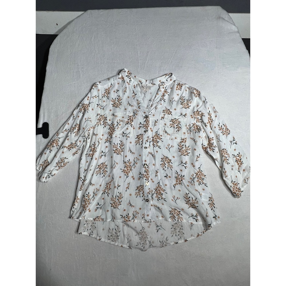 Ember Floral Button Down Blouse White Tan 3/4 Sleeve Hi-Low Top Large ST7815